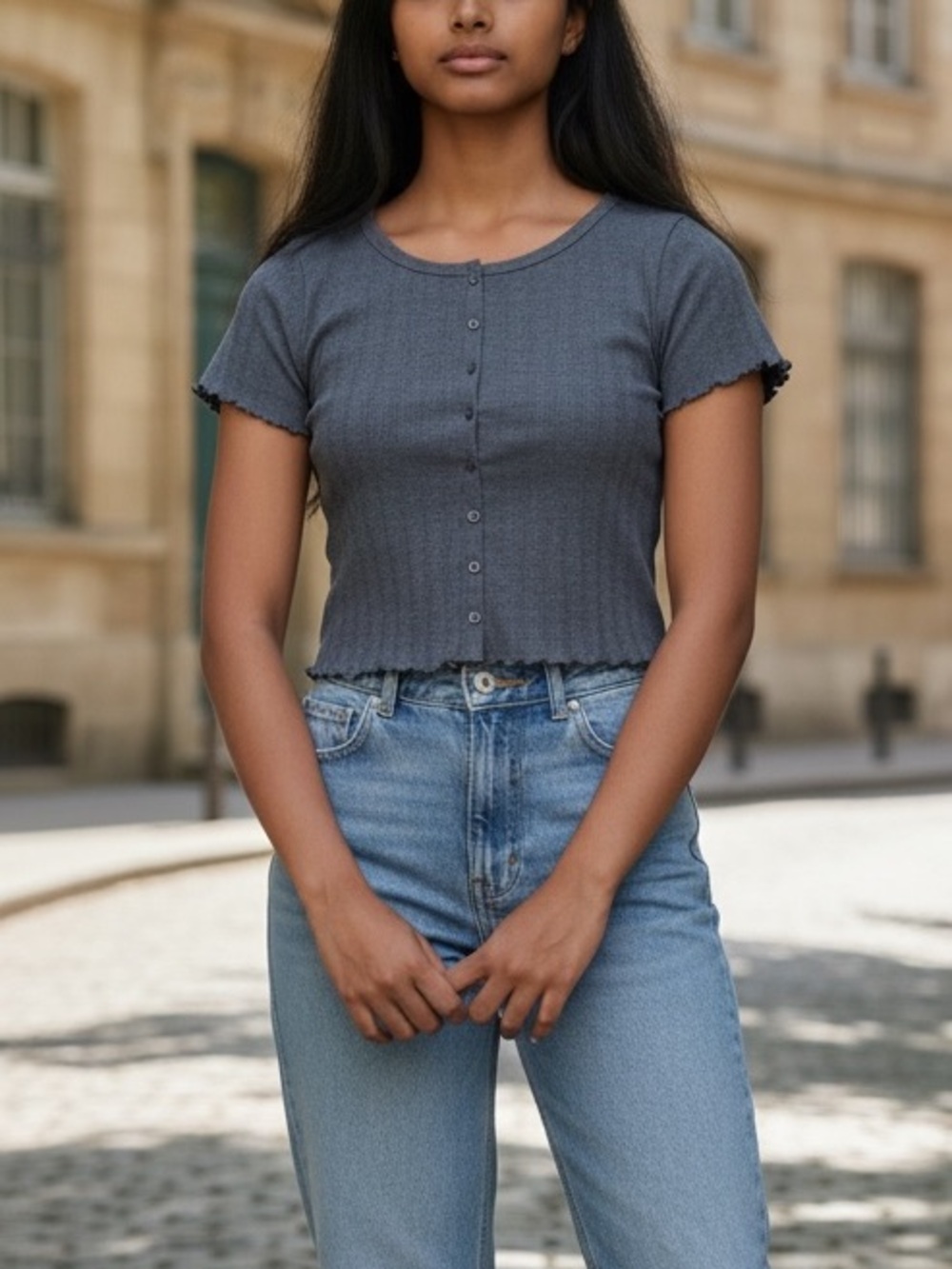 wonder nation Blue Short Sleeve Ribbed Button-Front Top
